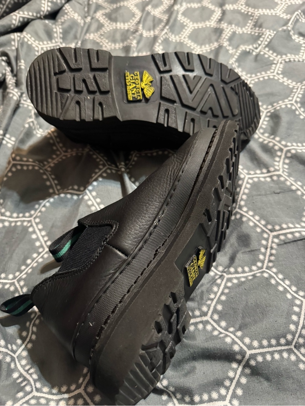 Georgia Boot Black Leather Chelsea Slip-On Boots with Green Trim